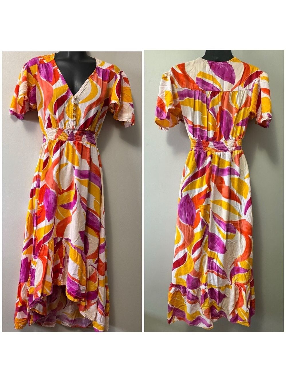Anthropologie x Abel the Label Asymmetrical Wrap Dress in Orange and Yellow